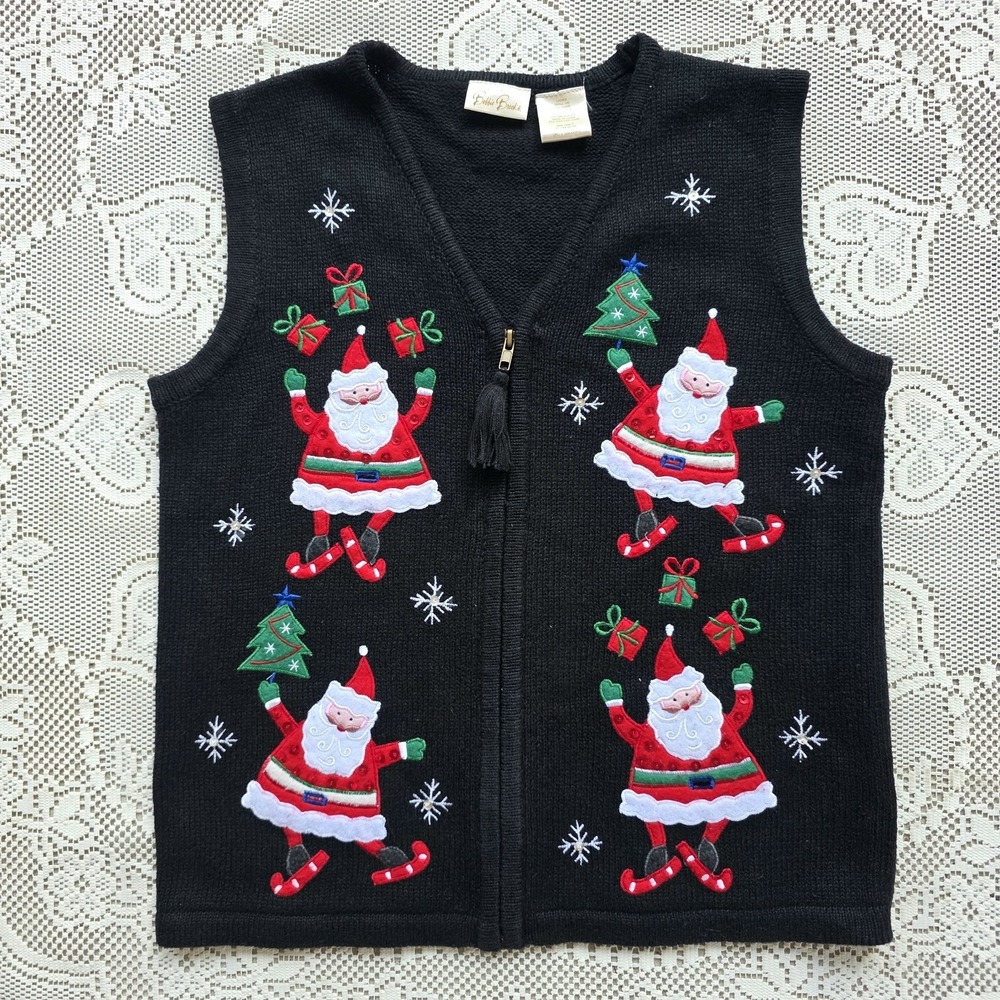 Bobbie Brooks Christmas Sweater Vest Santa Size S Black Santa Claus Embroidered